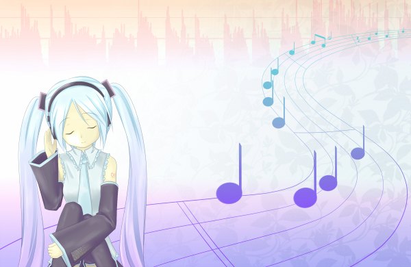 Anime picture 1200x780 with vocaloid hatsune miku long hair sitting twintails blue hair eyes closed wallpaper girl detached sleeves headphones musical note