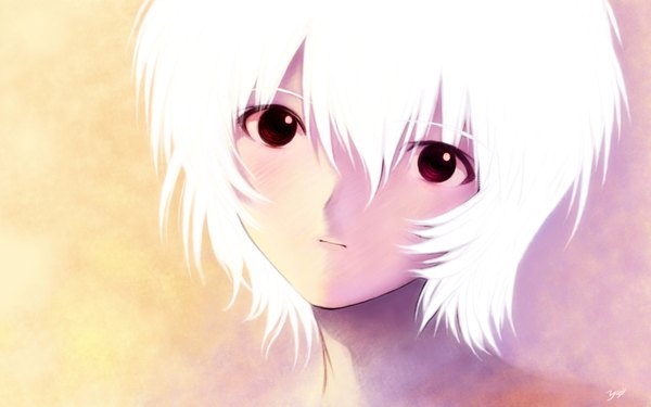 Anime picture 1920x1200 with neon genesis evangelion gainax ayanami rei kobayashi yuji single looking at viewer blush highres short hair simple background red eyes wide image signed white hair close-up face girl