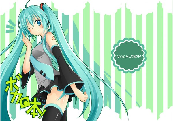 Anime picture 1677x1181 with vocaloid hatsune miku kuune rin single long hair blue eyes ahoge one eye closed green hair wink striped striped background girl thighhighs detached sleeves necktie
