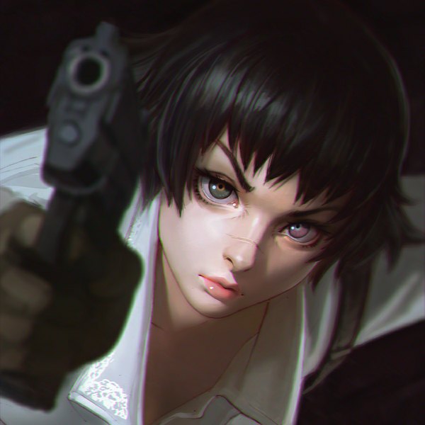 Anime picture 900x900 with devil may cry lady (devil may cry) ilya kuvshinov looking at viewer fringe short hair black hair green eyes pink eyes lips blurry depth of field heterochromia scar girl gloves weapon gun collar pistol