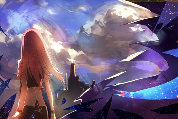 Anime picture 3000x2000 with vocaloid megurine luka sishenfan single long hair highres standing pink hair sky cloud (clouds) wind back girl
