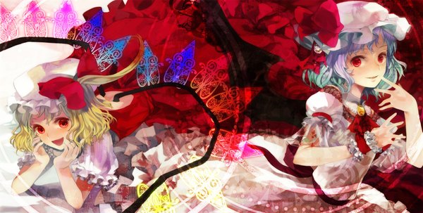 Anime picture 1709x865 with touhou flandre scarlet remilia scarlet 0 (pixiv) highres short hair open mouth blonde hair smile red eyes wide image multiple girls blue hair lying bat wings girl 2 girls wings bonnet