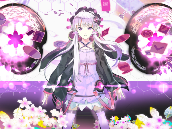 Anime picture 1600x1200 with vocaloid yuzuki yukari 119 single long hair looking at viewer fringe twintails purple eyes purple hair open clothes open jacket floating hair low twintails girl dress flower (flowers) jacket hair tubes traffic sign