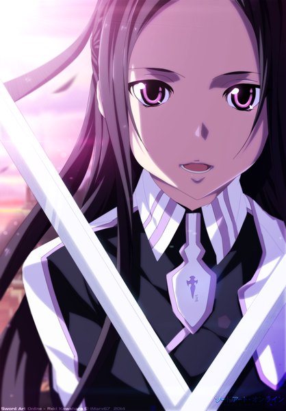 Anime picture 836x1200 with sword art online a-1 pictures eroishi single long hair tall image open mouth black hair pink eyes sunlight coloring girl weapon sword katana