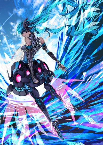 Anime picture 2000x2824 with vocaloid vocaloid append hatsune miku hatsune miku (append) karlwolf single long hair tall image highres twintails aqua eyes from behind aqua hair mecha musume girl gloves detached sleeves elbow gloves