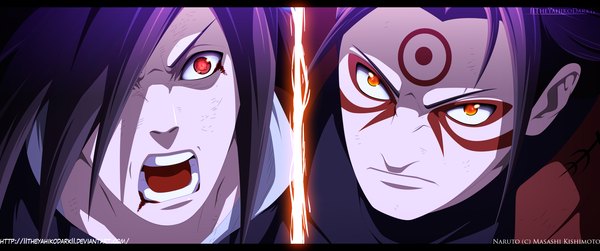 Anime picture 3860x1616 with naruto studio pierrot naruto (series) uchiha madara senju hashirama iitheyahikodarkii long hair looking at viewer highres open mouth black hair red eyes wide image multiple boys teeth orange eyes coloring letterboxed multiview angry