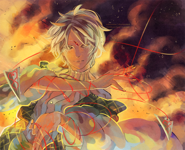 Anime picture 1000x812 with magi the labyrinth of magic a-1 pictures ja'far (magi) shinkami single short hair blonde hair yellow eyes inscription smoke serious freckles boy fire thread red thread arabian clothes