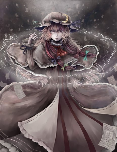 Anime picture 1492x1939 with touhou patchouli knowledge kiiro usagi (artist) single long hair tall image purple eyes purple hair crescent girl dress bow hair bow hat paper