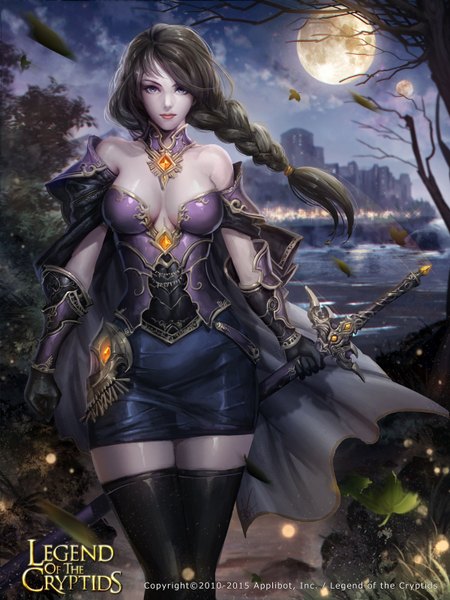 Anime picture 1200x1600 with legend of the cryptids kang hee gwang single long hair tall image looking at viewer breasts blue eyes black hair holding cleavage cloud (clouds) outdoors braid (braids) wind lips night zettai ryouiki night sky copyright name