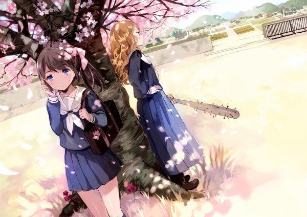 Anime picture 1200x848 with original tan (tangent) long hair looking at viewer blush fringe blonde hair brown hair standing purple eyes multiple girls yellow eyes looking away pleated skirt sunlight cherry blossoms adjusting hair wavy hair field girl