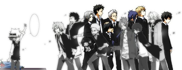 Anime picture 1100x425 with katekyou hitman reborn sawada tsunayoshi hibari kyouya rokudo mukuro gokudera hayato yamamoto takeshi reborn dino cavallone lambo sasagawa ryohei short hair open mouth black hair blonde hair simple background brown hair wide image white background looking away purple hair