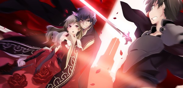 Anime picture 2250x1080 with brava! long hair blush highres short hair open mouth black hair red eyes brown hair wide image game cg girl dress boy gloves weapon sword elbow gloves