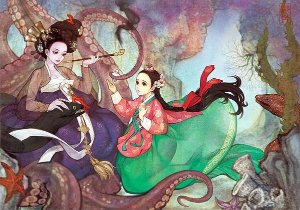 Anime picture 800x562 with the little mermaid disney ariel ursula (the little mermaid) obsidian long hair black hair brown hair multiple girls brown eyes braid (braids) traditional clothes hair flower single braid alternate hairstyle pale skin underwater hair up korean clothes girl