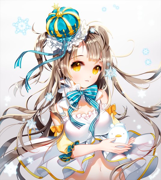 Anime picture 800x895 with love live! school idol project sunrise (studio) love live! minami kotori minami kotori (bird) rarumi single long hair tall image looking at viewer blush fringe brown hair bare shoulders yellow eyes from above bare belly one side up gradient background bird on hand