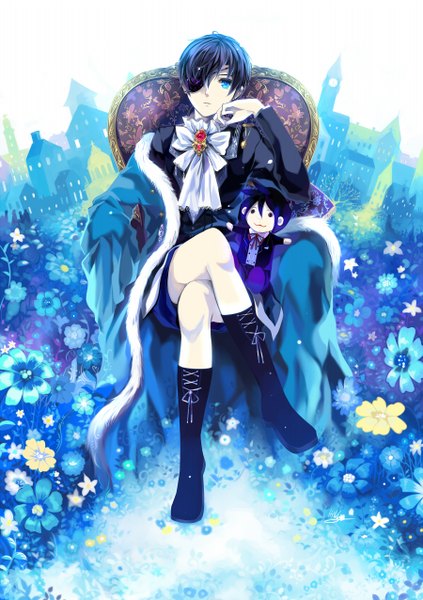 Anime picture 900x1276 with kuroshitsuji a-1 pictures sebastian michaelis ciel phantomhive myhilary single tall image looking at viewer short hair black hair aqua eyes boy gloves flower (flowers) white gloves cape toy eyepatch stuffed animal