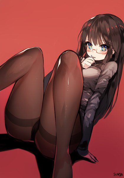 Anime picture 700x1000 with original sorolp single long hair tall image looking at viewer blush fringe blue eyes light erotic black hair simple background sitting signed yellow eyes bent knee (knees) aqua eyes arm support shadow pantyshot