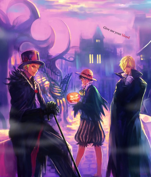 Anime picture 1332x1558 with one piece toei animation monkey d. luffy roronoa zoro sanji tsuyomaru tall image looking at viewer fringe short hair black hair blonde hair green hair hair over one eye inscription teeth fang (fangs) halloween boy gloves