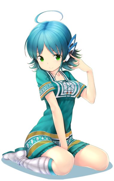 Anime picture 763x1200 with original zizi (zz22) single tall image looking at viewer short hair simple background smile white background sitting green eyes ahoge aqua hair shadow girl dress knee boots