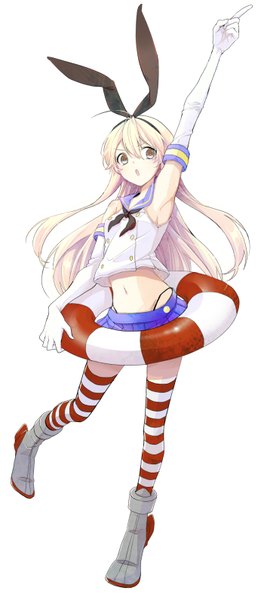 Anime picture 700x1591 with kantai collection shimakaze destroyer mo (atozatoz) single long hair tall image open mouth simple background blonde hair white background brown eyes looking away outstretched arm girl thighhighs gloves bow hair bow elbow gloves white gloves