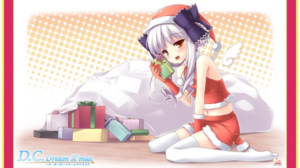 Anime picture 1920x1080 with da capo single long hair highres wide image white hair orange eyes fur trim girl thighhighs white thighhighs fur gift santa claus hat