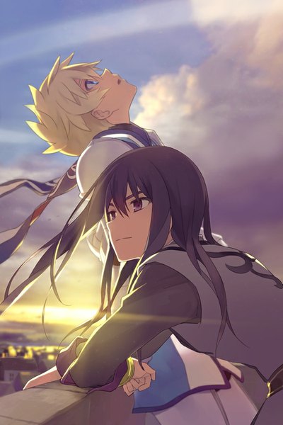 Anime picture 600x898 with tales of (series) tales of vesperia yuri lowell flynn scifo motoko (fe25) long hair tall image fringe short hair blue eyes blonde hair standing purple eyes looking away sky purple hair cloud (clouds) outdoors parted lips light smile