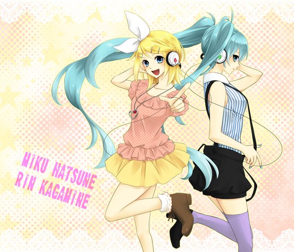 Anime picture 1500x1286 with vocaloid hatsune miku kagamine rin long hair short hair open mouth blue eyes simple background blonde hair twintails multiple girls aqua hair striped back to back girl thighhighs skirt bow 2 girls hair bow