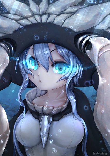 Anime picture 907x1280 with kantai collection wo-class aircraft carrier hachachi single long hair tall image looking at viewer blue eyes aqua hair teeth glowing watermark glowing eye (eyes) underwater shinkaisei-kan :< girl water cape bodysuit
