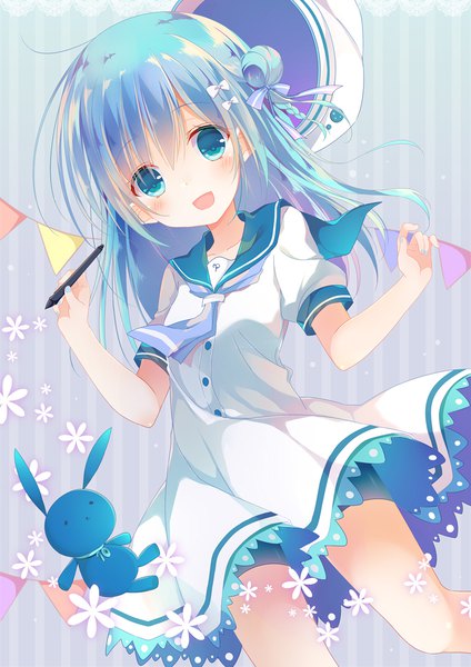 Anime picture 800x1131 with original pixiv-tan shiiba nae single long hair tall image looking at viewer blush fringe open mouth blue eyes hair between eyes blue hair nail polish :d hair bun (hair buns) hat removed headwear removed blue nail polish striped background