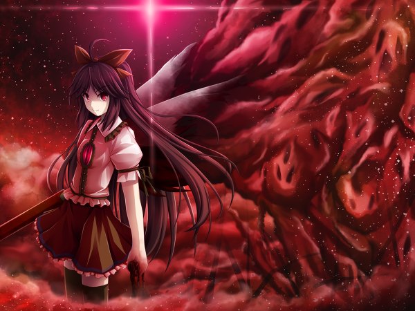 Anime picture 1200x900 with touhou reiuji utsuho akashio (loli ace) red eyes brown hair red background arm cannon girl thighhighs wings hairband star (stars)