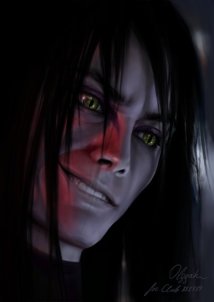 Anime picture 1300x1836 with naruto studio pierrot naruto (series) orochimaru olggah single long hair tall image black hair green eyes signed realistic teeth portrait face eyeshadow smirk boy