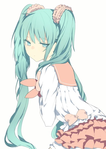 Anime picture 600x847 with vocaloid lol -lots of laugh- (vocaloid) hatsune miku lpip single tall image looking at viewer blush fringe simple background white background twintails holding ahoge very long hair looking back aqua eyes aqua hair girl skirt