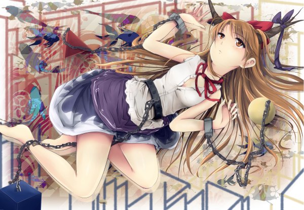 Anime picture 1228x852 with touhou ibuki suika cibo (killy) single long hair brown hair brown eyes lying horn (horns) girl dress chain fish (fishes)