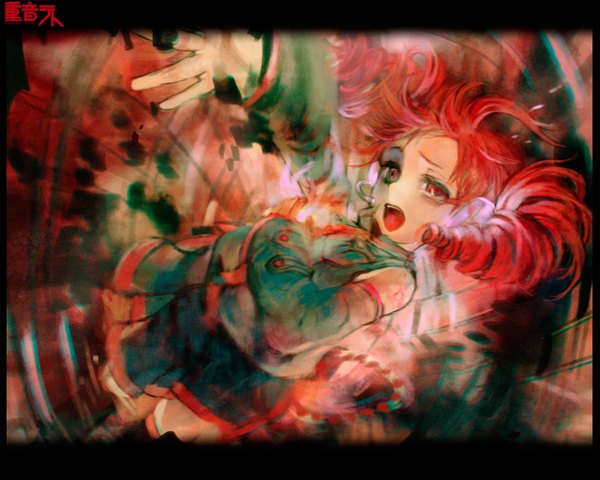 Anime picture 1280x1024 with utau kasane teto tomape single long hair open mouth red eyes twintails red hair drill hair girl thighhighs skirt detached sleeves headphones
