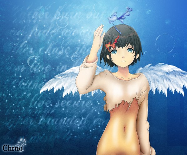 Anime picture 2400x1989 with lchrno single highres short hair blue eyes light erotic black hair bare belly no panties torn clothes girl navel wings