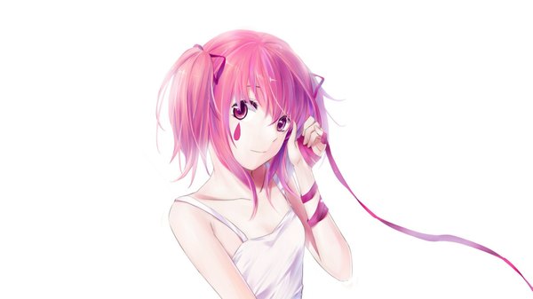 Anime picture 1635x920 with mahou shoujo madoka magica shaft (studio) kaname madoka azmodan single looking at viewer short hair simple background wide image white background twintails pink hair pink eyes light smile tattoo short twintails girl ribbon (ribbons)