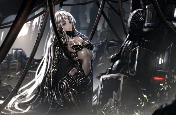 Anime picture 1448x950 with original ryosios single fringe open mouth light erotic hair between eyes brown eyes silver hair outdoors very long hair blurry depth of field city cityscape expressionless science fiction girl building (buildings) android