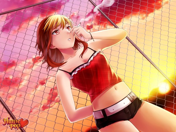 Anime picture 1200x900 with hunie pop audrey belrose ninamo single long hair light erotic blonde hair red eyes pink hair sky cloud (clouds) multicolored hair inscription two-tone hair midriff evening sunset girl navel shorts