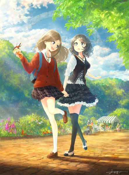 Anime picture 1031x1400 with original you shimizu long hair tall image short hair open mouth blue eyes brown hair multiple girls sky cloud (clouds) girl thighhighs dress flower (flowers) black thighhighs 2 girls plant (plants) white thighhighs tree (trees)