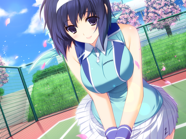Anime picture 1024x768 with lovely x cation hibiki works nanasawa yuni short hair black hair purple eyes game cg girl uniform gym uniform tennis uniform