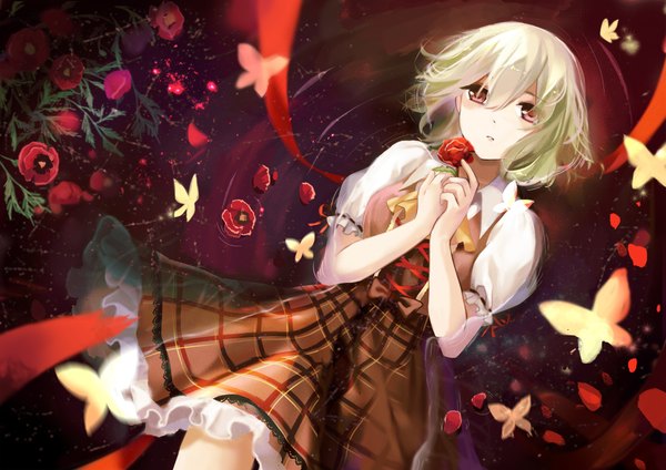 Anime picture 4242x3000 with touhou kazami yuuka kita (kitairoha) single looking at viewer fringe highres short hair open mouth red eyes absurdres white hair green hair girl flower (flowers) bow petals water insect butterfly