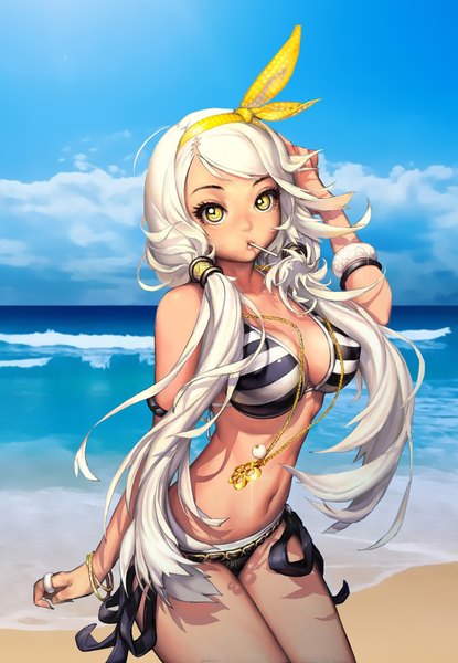 Anime picture 805x1162 with blade & soul kim hyung tae single long hair tall image looking at viewer breasts light erotic twintails yellow eyes sky cloud (clouds) white hair beach low twintails girl navel swimsuit bikini hairband