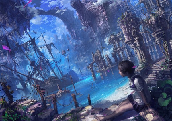 Anime picture 3702x2622 with original reishin single highres short hair black hair looking away absurdres cloud (clouds) braid (braids) barefoot beach fantasy scenic ruins girl skirt plant (plants) miniskirt water