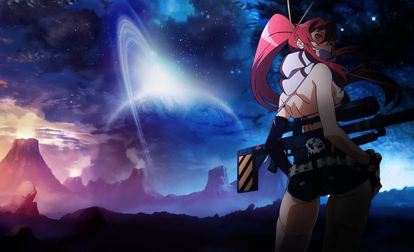 Anime picture 1679x1024 with tengen toppa gurren lagann gainax yoko littner wide image sky cloud (clouds) ponytail looking back from behind back scenic girl