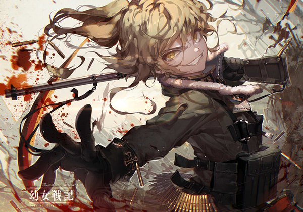 Anime picture 900x631 with youjo senki tanya degurechaff kawacy single long hair looking at viewer blonde hair smile holding yellow eyes ponytail teeth floating hair outstretched arm destruction blood stains crazy smile girl gloves uniform