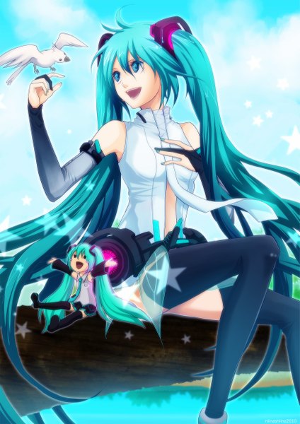 Anime picture 1754x2480 with vocaloid vocaloid append hatsune miku hatsune miku (append) tall image highres twintails aqua eyes aqua hair chibi solid eyes girl detached sleeves animal bird (birds)
