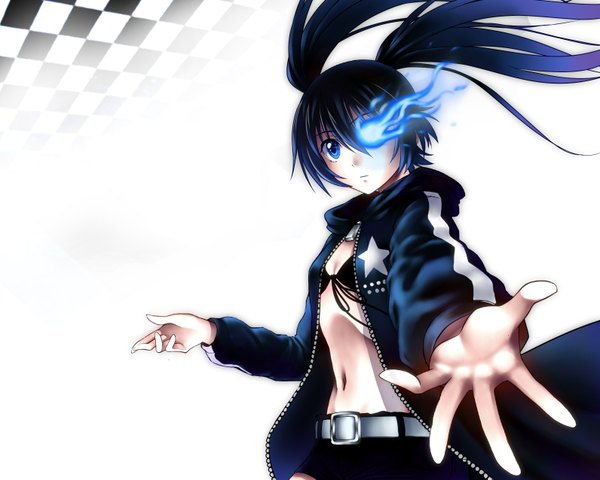 Anime picture 3183x2551 with black rock shooter kuroi mato manherd (artist) single long hair fringe highres blue eyes light erotic black hair simple background white background twintails looking away absurdres open clothes open jacket bare belly glowing flat chest