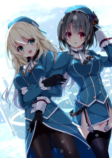 Anime picture 712x1000 with kantai collection atago heavy cruiser takao heavy cruiser kobayashi chisato long hair tall image blush fringe short hair breasts open mouth blonde hair hair between eyes red eyes brown hair large breasts multiple girls green eyes payot looking away