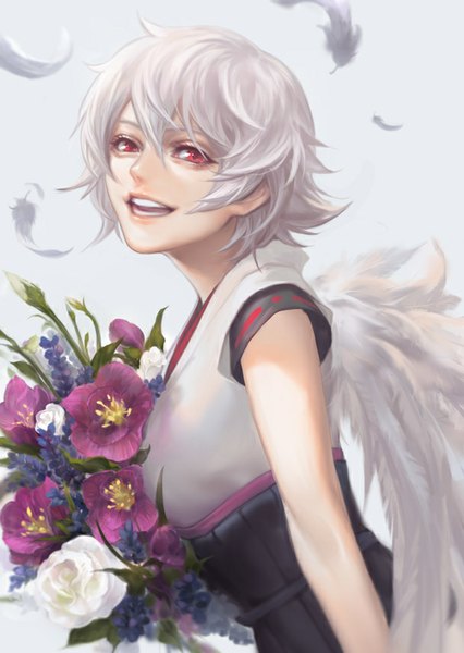 Anime picture 620x874 with gintama sunrise (studio) sakata gintoki hangleing single tall image looking at viewer fringe short hair open mouth red eyes silver hair traditional clothes lips grey background teeth sleeveless white wings genderswap albino