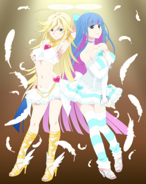 Anime picture 1034x1296 with panty & stocking with garterbelt anarchy stocking anarchy panty ekra long hair tall image blue eyes blonde hair purple eyes multiple girls green eyes multicolored hair two-tone hair colored inner hair girl thighhighs bow 2 girls hair bow wings