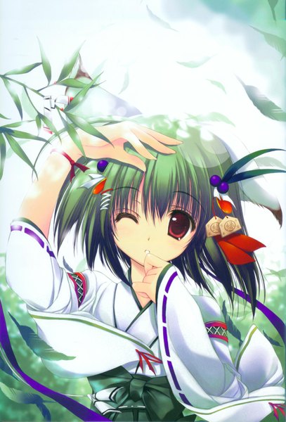 Anime picture 2373x3497 with greenwood midori (greenwood) nagomi single tall image highres short hair red eyes animal ears japanese clothes one eye closed green hair wink miko tanabata girl hair ornament plant (plants) leaf (leaves) bamboo